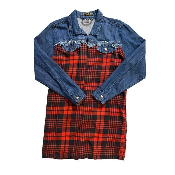 Taxi Oversized Mix Fabric Denim & Plaid Flannel Long Jacket | Size M - Picture 1 of 3